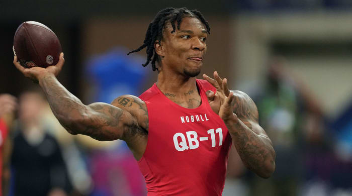 Anthony Richardson winds up to throw a pass at the combine
